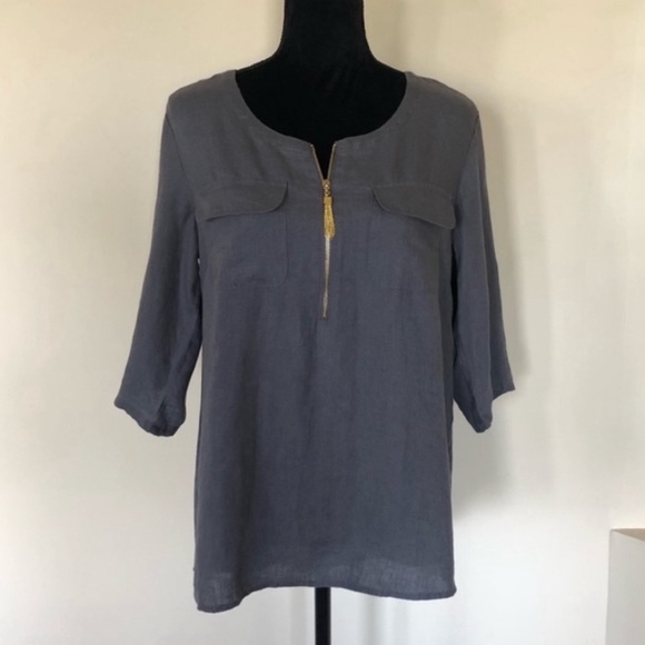 Ellen Tracy 100% linen grey pullover blouse top 3/4 sleeve lagenlook size medium - Picture 3 of 13